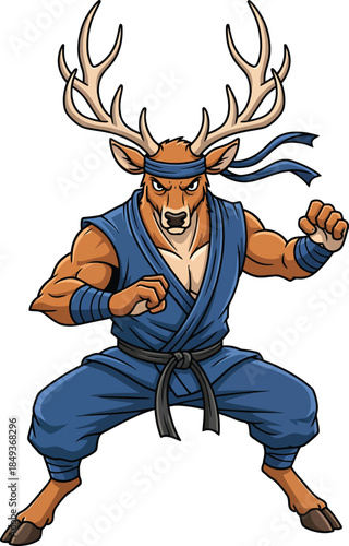 Fierce anthropomorphic deer warrior with large antlers in a blue ninja uniform and fighting stance.