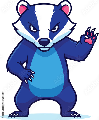 Fierce blue cartoon badger mascot with an angry expression standing confidently and waving.