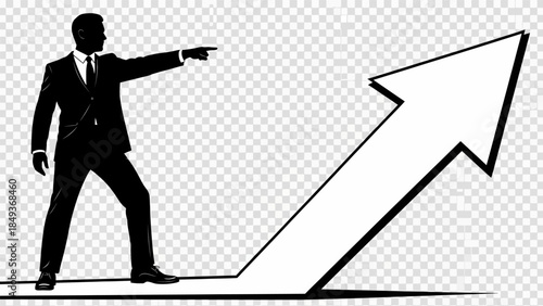 A businessman in a suit points forward while standing next to a large upward trending arrow, signifying progress and success, depicted in a simple illustration style.