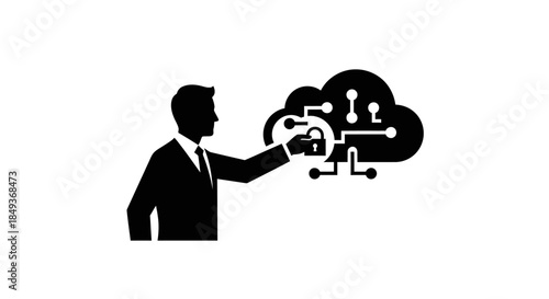A man in a business suit interacts with a cloud-based network security system illustration.