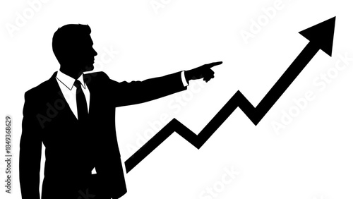Businessman pointing to a rising graph with an arrow indicating growth and success in finance