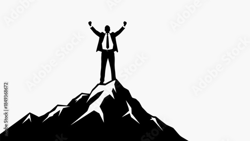 A man in a business suit stands triumphantly on a mountain peak with arms raised in victory.