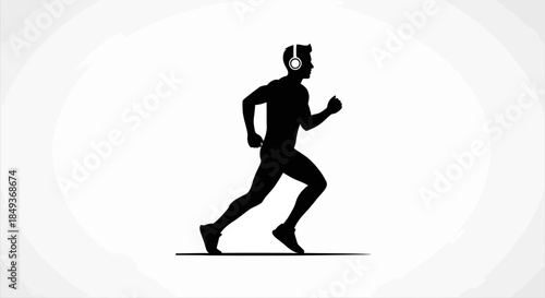 Person wearing headphones is running fast in a sleek illustration style on a white background.