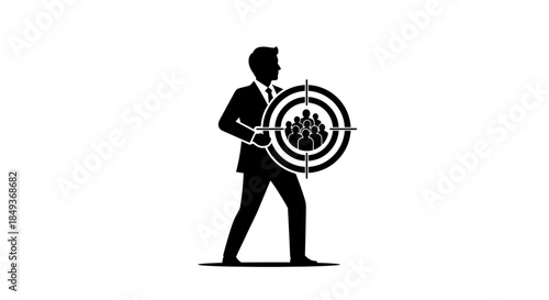 Businessman aims arrow at target with people inside, illustrating strategic planning in a professional setting, Whisk_8125eb5a3f3856da2614836fba498092dr