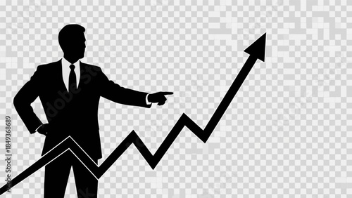 Businessman standing confidently pointing upwards at rising graph line chart