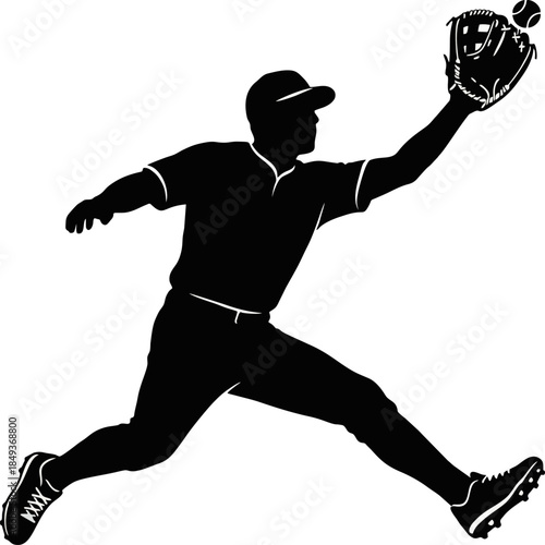 Baseball Fielder Catching Negative Space Silhouette. Action Logo Vector.