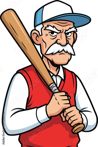 Grumpy cartoon senior man with a white mustache and baseball cap holding a wooden bat.