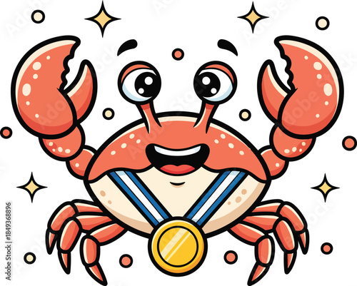 Happy Cartoon Crab Champion with a Gold Medal and Raised Claws.