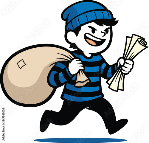 Running cartoon burglar with a sly grin wearing a blue beanie and carrying a loot sack.