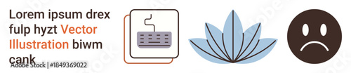 Communication, self-care, emotions, symbols, interfaces, minimalism. Keyboard icon, lotus flower sad face emotion. Communication and self-care concept through imagery
