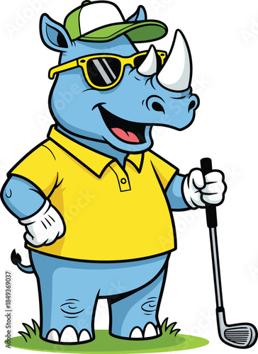 Smiling cartoon rhinoceros golfer in a yellow polo shirt and sunglasses.