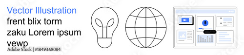 Innovation, global networking, analytics, education, technology, business solutions. Light bulb, globe and data dashboards in clear vector style. Innovation and global networking concept