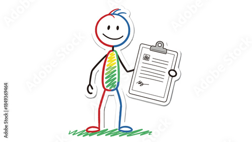 A businessman cartoon character stands with a woman and a child, holding a vector money symbol and an arrow icon to represent success in health and work design