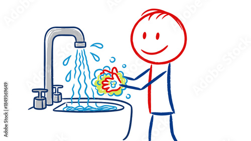 A vector illustration of a man in a hood walking past a restaurant window where people and a child sit at a table with cake