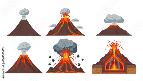 Volcano eruption stages and internal structure illustration for geological education