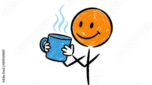 Cartoon illustration of a boy holding a mug of coffee and a woman drinking tea, showcasing a business person character with a hot beverage in hand