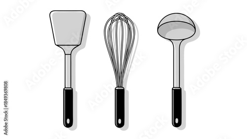 Essential kitchen utensils: spatula, whisk, and ladle for everyday cooking tasks