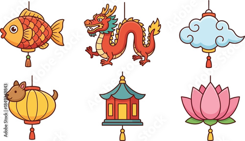 Colorful Asian Decorations Set with Fish and Dragon