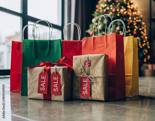 Christmas gifts with discount tags and shopping bags indoors