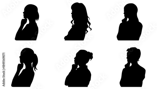 横向きで考える女性のシルエットイラストセット