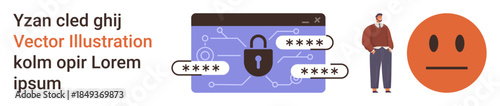 Cybersecurity, data protection, digital identity, online security, encryption, privacy. Lock icon with digital connections, human figure neutral face icon and password placeholders. Cybersecurity