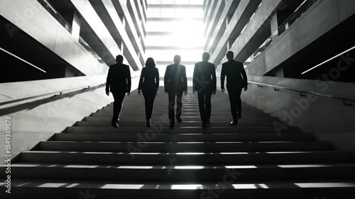 Silhouetted business team ascending modern corporate stairs in black and white, symbolizing progress, success, and ambition.