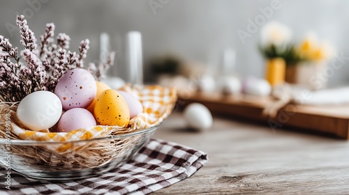 Glass plate of colorful Easter eggs, soft pastel pink mint violet base, hand-painted gold floral texture, natural light macro close-up, bokeh depth, hi-res pro color grade for greeting card, promo, so