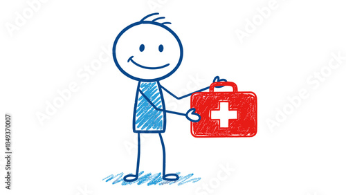 Cartoon illustration of a businessman or doctor personified as a helpful man with a gift box symbol for health and medicine concept art
