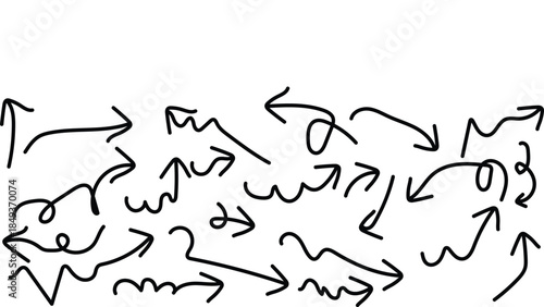 Arrow drawn hand vector line icon set. Hand drawn brush chalk stroke arrow curve, thin pencil scribble shape with vintage charcoal crayon texture. Doodle up down arrow symbol. Vector