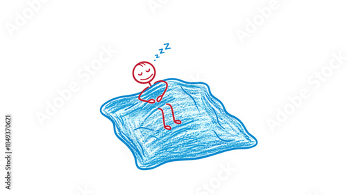 Cartoon vector illustration of a person or child in a blue shirt with a red tie sleeping on a bed in a summer bedroom