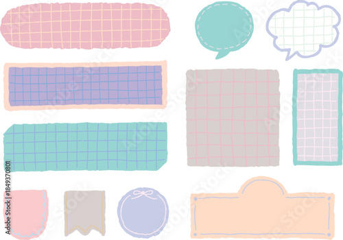 手描き風線画の見出しフレーム・吹き出し素材セット（チェック柄・くすみパステル）