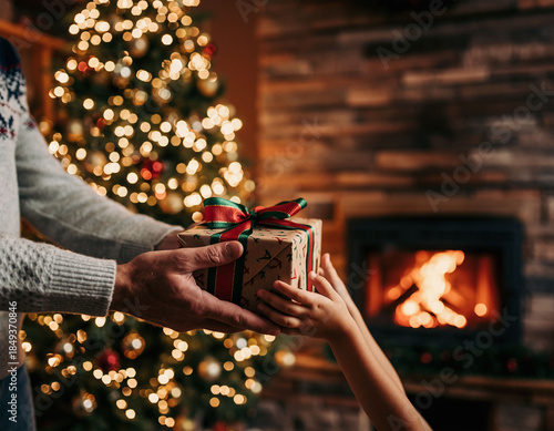 Giving a Christmas gift by the fireplace with a lit tree in the background