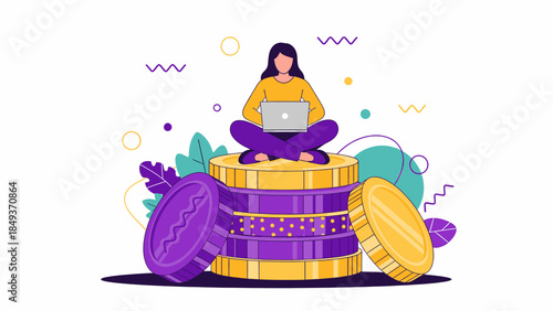 Woman working on laptop, sitting on a stack of coins, illustrating online financial growth and digital money management