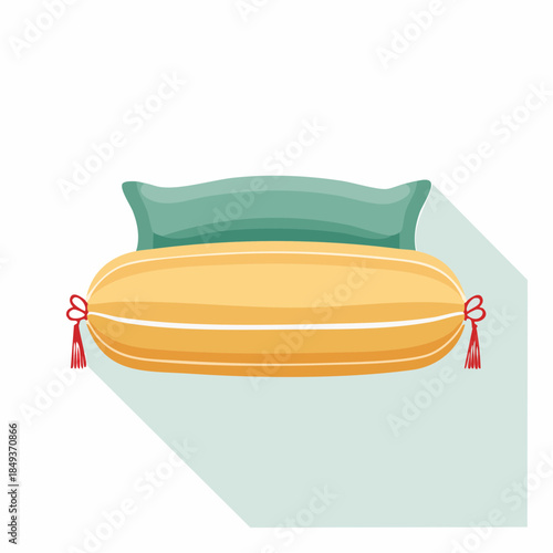 Soft Pillow and Cylindrical Bolster Neatly Arranged on a Bed, Flat Vector Illustration