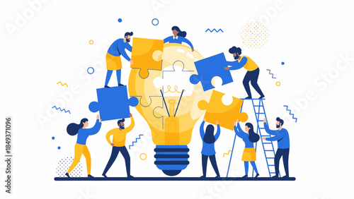 Team collaboration forming a light bulb from puzzle pieces, symbolizing innovative idea generation, strategic problem-solving, and collective success