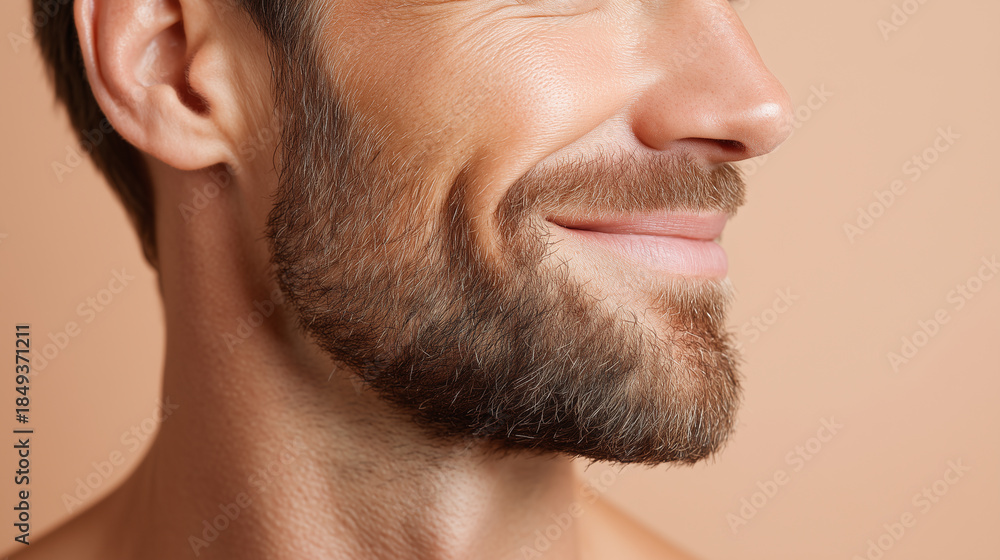 Obraz premium Close up of smiling man with well groomed beard, healthy skin, and gentle radiance on cheek, against pastel peach background, expressing warmth and confidence