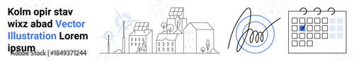 Renewable energy, sustainability, urban development, planning, clean energy, eco-friendly initiatives. Solar panels and wind turbines near buildings and a marked calendar. Renewable energy