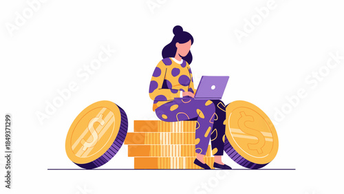Woman on laptop, sitting on golden coin stack, symbolizing digital finance, online earning, remote work, investment, and financial prosperity