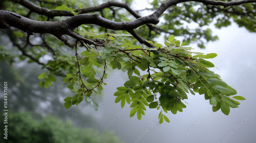 Fototapeta premium Delicate natural arcs and vibrant green leaves create tranquil scene as tree branches stretch gracefully against misty forest background, evoking calm and serenity