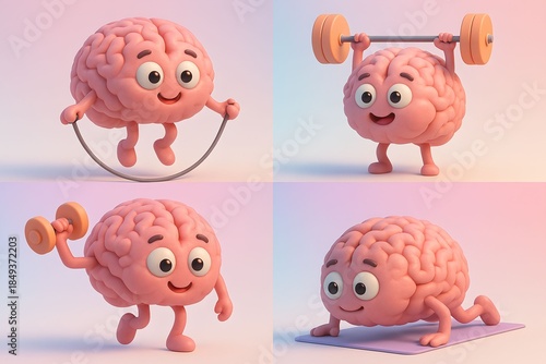 Pastel cute 3D cartoon brains jumping rope, lifting weights, exercising on mat for cognitive performance and health boost