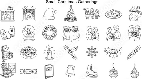 Small Christmas Gatherings Line Art Icons Set: Festive Holiday Decorations, Activities  People for Cozy Winter Celebrations and Seasonal Events