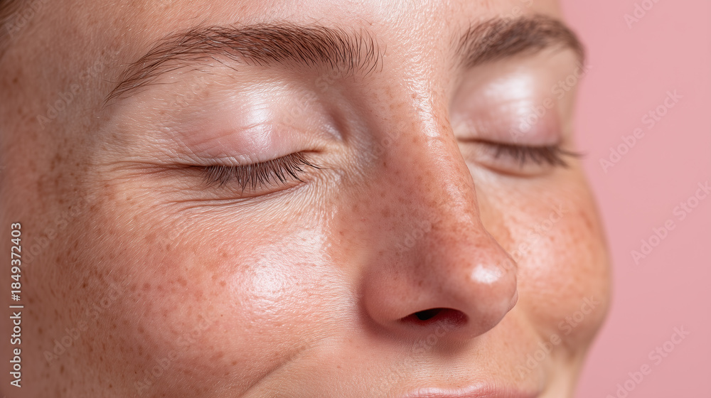 Fototapeta premium Close up of face with soft natural matte finish, pastel pink background, smooth skin, closed eyes, subtle freckles, and relaxed expression