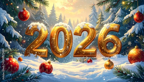 Golden 2026 numbers in snowy winter forest with festive Christmas ornaments and pine branches at sunrise