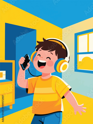 Smiling boy enjoying music with headphones and smartphone in a colorful indoor room. A joyful moment of sound and self-expression.