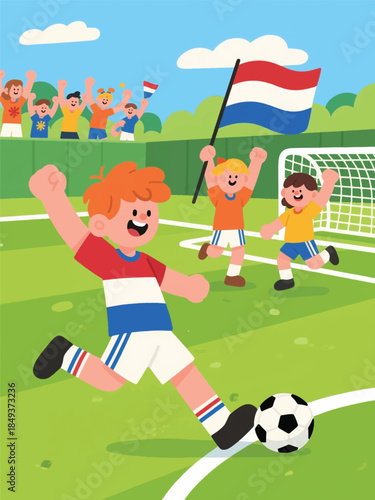 Children celebrating a soccer goal on a sunny field with cheering spectators and waving flags. A joyful moment of teamwork and pride.