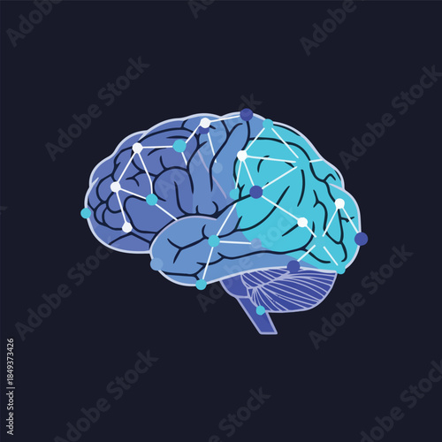 Stylized human brain with connected nodes symbolizing neural networks and artificial intelligence
