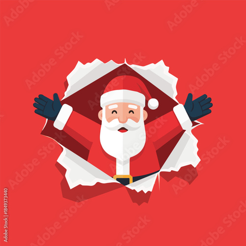 Santa Claus breaking through paper background in bold flat illustration style