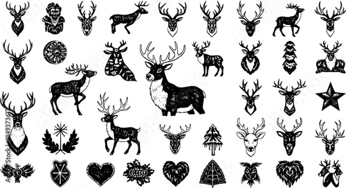 Vintage Hand-Drawn Deer and Reindeer Heads, Full Body Illustrations with Antlers, Forest Elements, and Decorative Symbols. A Versatile Monochrome Vector Set for Design.