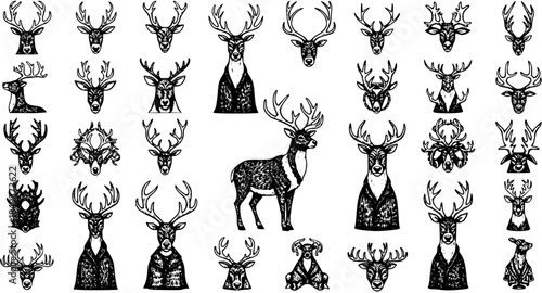 Hand-Drawn Deer and Stag Head Illustrations Collection - Vintage Engraved Wildlife Art Set with Antlers for Design and Decor