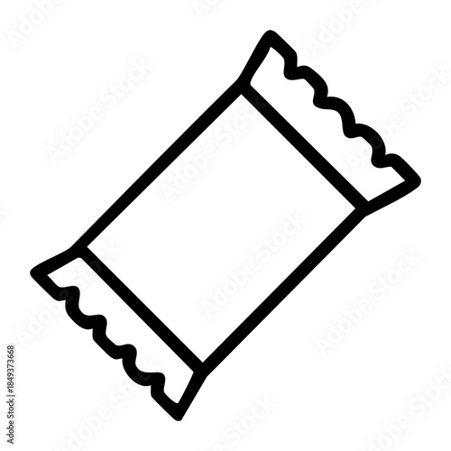 Outline style of a sealed wrapper or pouch, typically used for snack bars, candy, or individual medical supplies. Related to packaged snacks, protein bars, candy, or single-use hygiene products